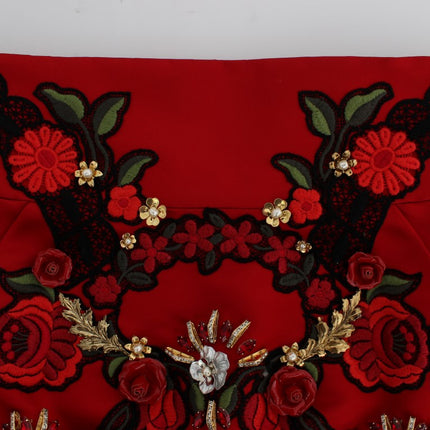 Dolce & Gabbana Red Silk Crystal Roses Shorts