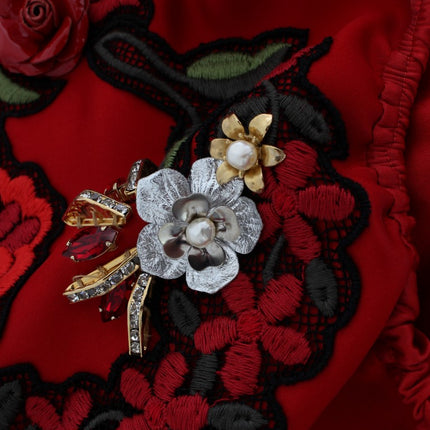Dolce & Gabbana Red Silk Crystal Roses Shorts