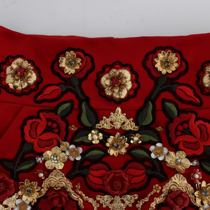 Dolce & Gabbana Red Silk Crystal Roses Shorts