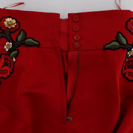 Dolce & Gabbana Red Silk Crystal Roses Shorts