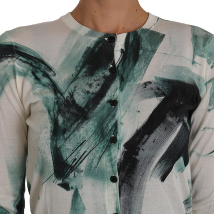 Dolce & Gabbana White Silk Cardigan Lightweight Paint Stroke Sweater