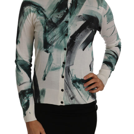 Dolce & Gabbana White Silk Cardigan Lightweight Paint Stroke Sweater