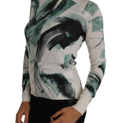 Dolce & Gabbana White Silk Cardigan Lightweight Paint Stroke Sweater
