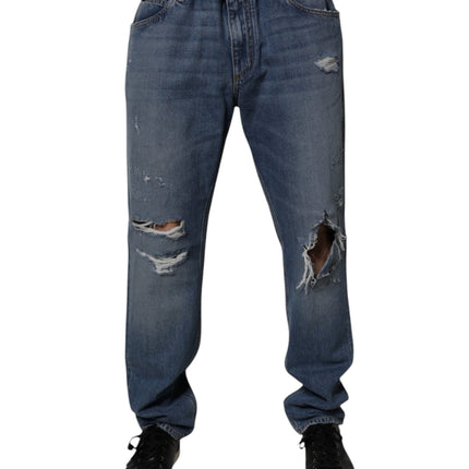 Dolce & Gabbana Blue Tattered Cotton Straight Denim Jeans