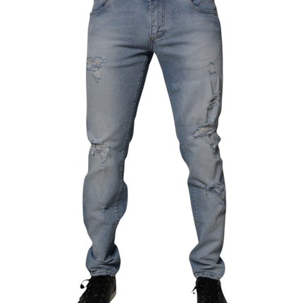 Dolce & Gabbana Blue Tattered Cotton Skinny Men Denim Jeans