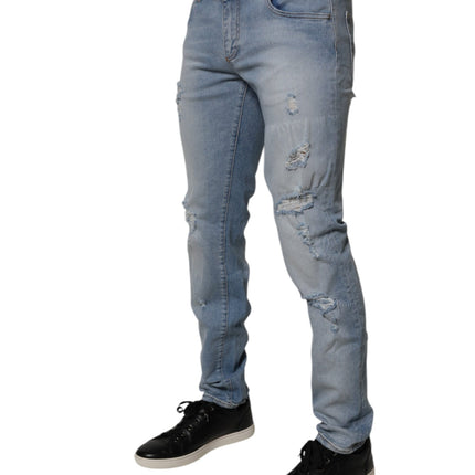 Dolce & Gabbana Blue Tattered Cotton Skinny Men Denim Jeans