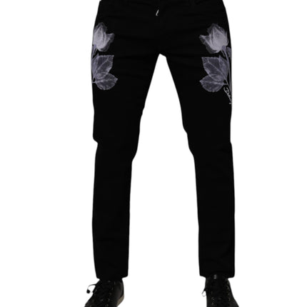 Dolce & Gabbana Black Floral Cotton Skinny Men Denim Jeans