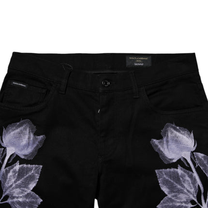 Dolce & Gabbana Black Floral Cotton Skinny Men Denim Jeans