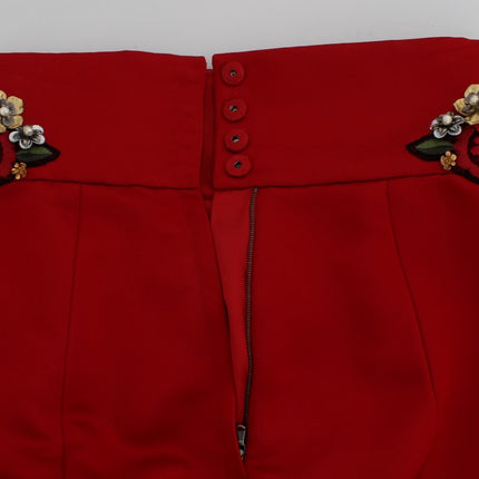 Dolce & Gabbana Red Silk Crystal Roses Shorts