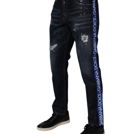 Dolce & Gabbana Dark Blue Cotton Tattered Skinny Denim Jeans