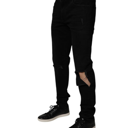 Dolce & Gabbana Black Cotton Tattered Skinny Men Denim Jeans