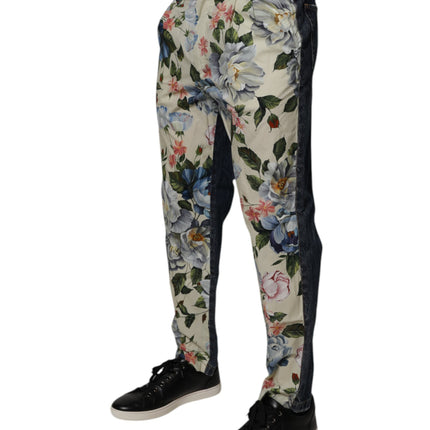 Dolce & Gabbana Beige Blue Floral Cotton Men Denim Jeans