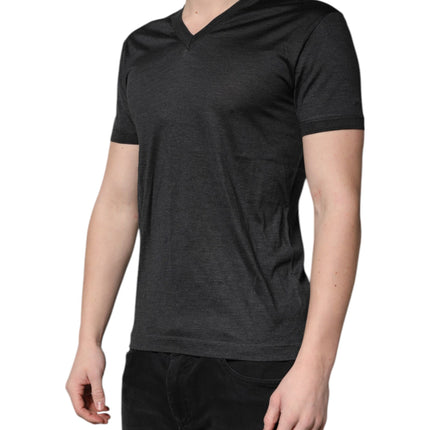 Dolce & Gabbana Dark Gray Silk V-neck Short Sleeves T-shirt