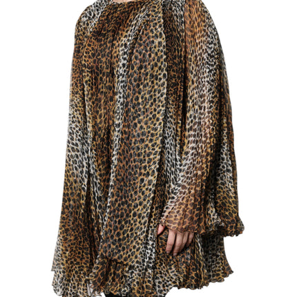 Dolce & Gabbana Brown Leopard Print Scarf Collared Chiffon Dress
