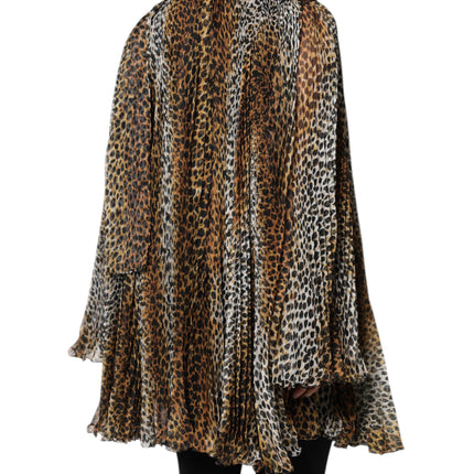 Dolce & Gabbana Brown Leopard Print Scarf Collared Chiffon Dress
