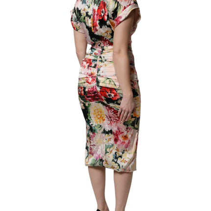 Dolce & Gabbana Multicolor Floral Short Sleeves Sheath Midi Dress