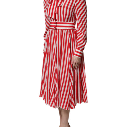 Dolce & Gabbana White Red Stripes Long Sleeves Midi Dress
