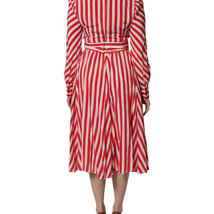Dolce & Gabbana White Red Stripes Long Sleeves Midi Dress