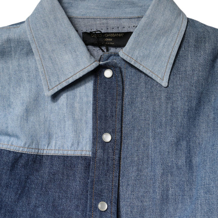Dolce & Gabbana Blue Cotton Button Up Collared Long Sleeve Top