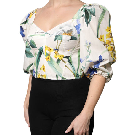 Dolce & Gabbana White Floral Puff Sleeves Crop Blouse Top
