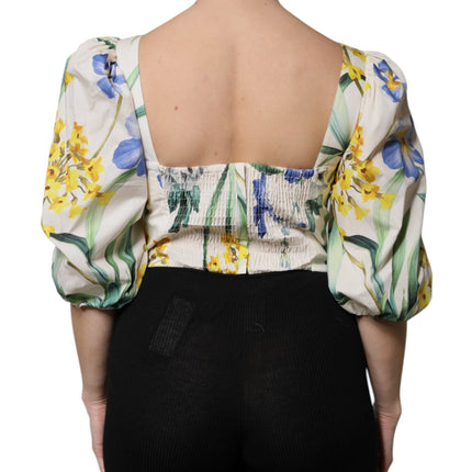 Dolce & Gabbana White Floral Puff Sleeves Crop Blouse Top