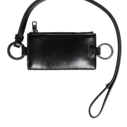 Dolce & Gabbana Black Leather Logo Embossed Lanyard Card Holder Wallet