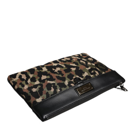Dolce & Gabbana Multicolor Leopard Jacquard Print Logo Plaque Pouch Bag
