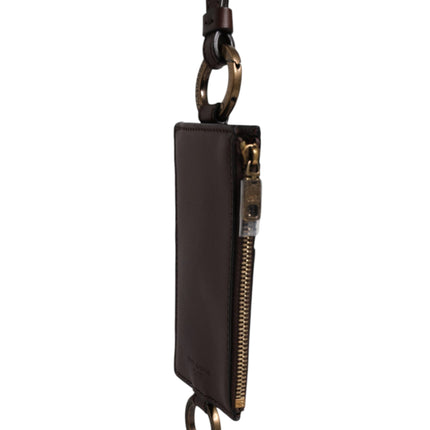 Dolce & Gabbana Brown Calf Leather Lanyard Logo Card Holder Wallet