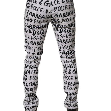Dolce & Gabbana White Cotton Logo Print Skinny Denim Jeans
