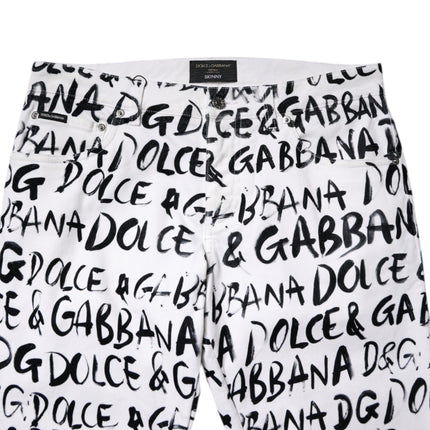 Dolce & Gabbana White Cotton Logo Print Skinny Denim Jeans
