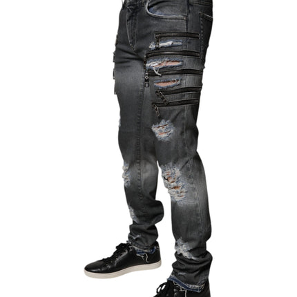 Dolce & Gabbana Dark Gray Tattered Cotton Skinny Denim Jeans