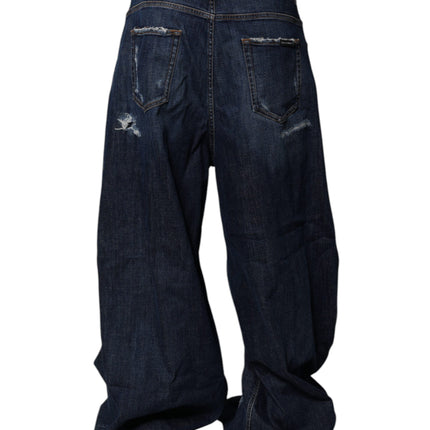 Dolce & Gabbana Dark Blue Tattered Wide Leg Men Denim Jeans