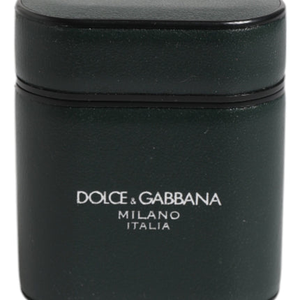 Dolce & Gabbana Green Calfskin Leather Logo Print Flip Holder Airpods Case