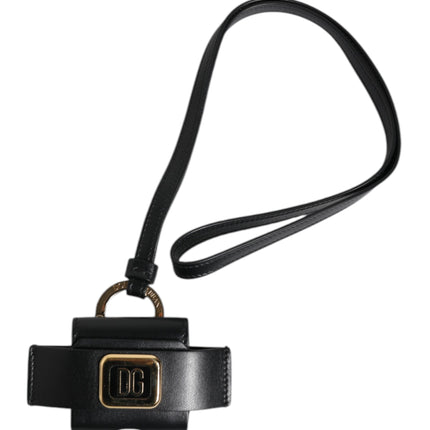 Dolce & Gabbana Black Leather Strap Gold Metal Logo Plaque Airpods Case