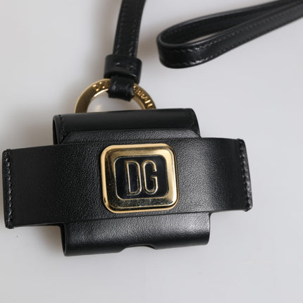 Dolce & Gabbana Black Leather Strap Gold Metal Logo Plaque Airpods Case