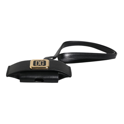 Dolce & Gabbana Black Leather Strap Gold Metal Logo Plaque Airpods Case