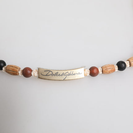 Dolce & Gabbana Black Gold Wooden Beaded Logo Pendant Necklace