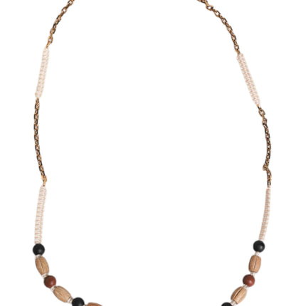 Dolce & Gabbana Black Gold Wooden Beaded Logo Pendant Necklace