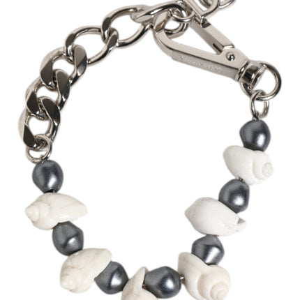 Dolce & Gabbana Silver Tone Brass Beaded Shell DG Logo Pendant Bracelet