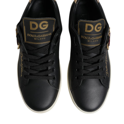 Dolce & Gabbana Black Leather Gold Red Heart Sneakers Shoes