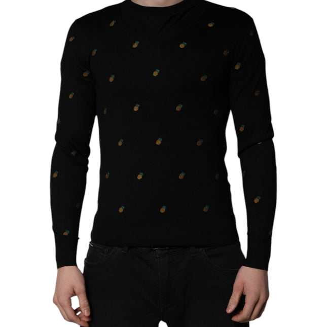 Dolce & Gabbana Black Pineapple Crew Neck Pullover Sweater