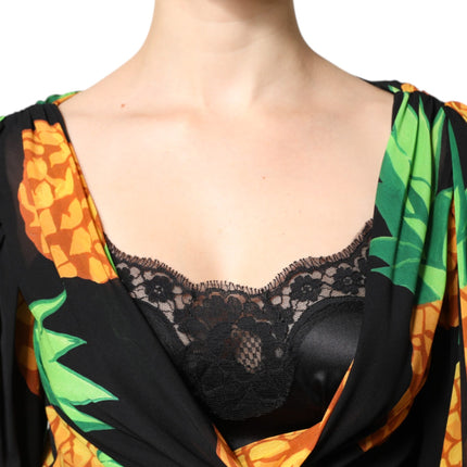 Dolce & Gabbana Black Silk Pineapple Draped Print Wrap Dress