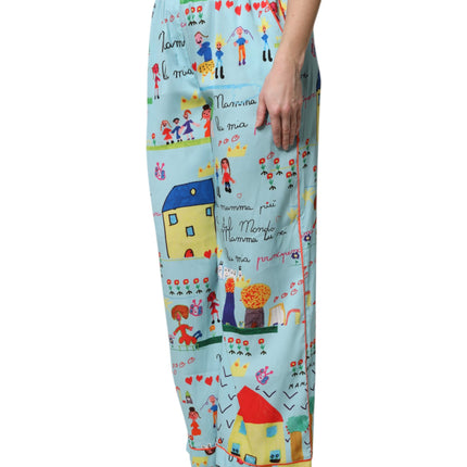 Dolce & Gabbana Light Blue Drawing Mid Waist Wide Leg Pants