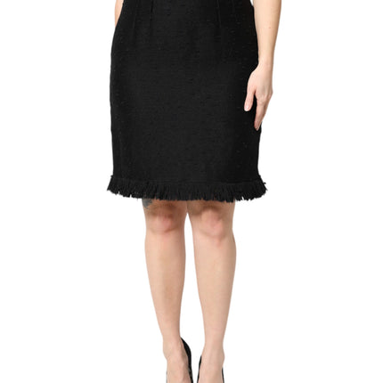 Dolce & Gabbana Black Wool Fringe High Waist Pencil Mini Skirt