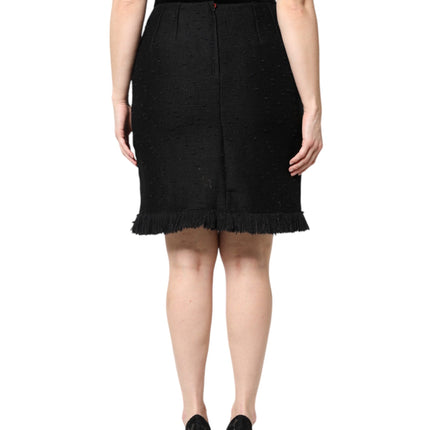 Dolce & Gabbana Black Wool Fringe High Waist Pencil Mini Skirt