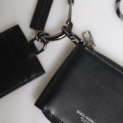 Dolce & Gabbana Black Leather Lanyard Zip Around Card Holder Wallet