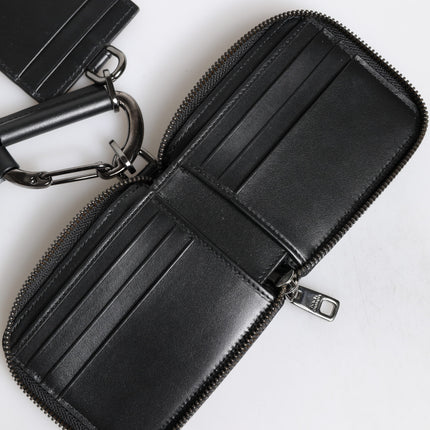 Dolce & Gabbana Black Leather Lanyard Zip Around Card Holder Wallet