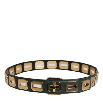Dolce & Gabbana Green Leather Gold Tone Rotating Buckle Belt