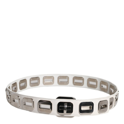 Dolce & Gabbana White Leather Gold Tone Rotating Buckle Belt