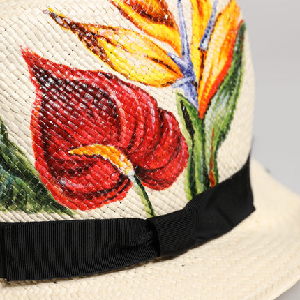 Dolce & Gabbana Beige Floral Print Straw Wide Brim Fedora Hat